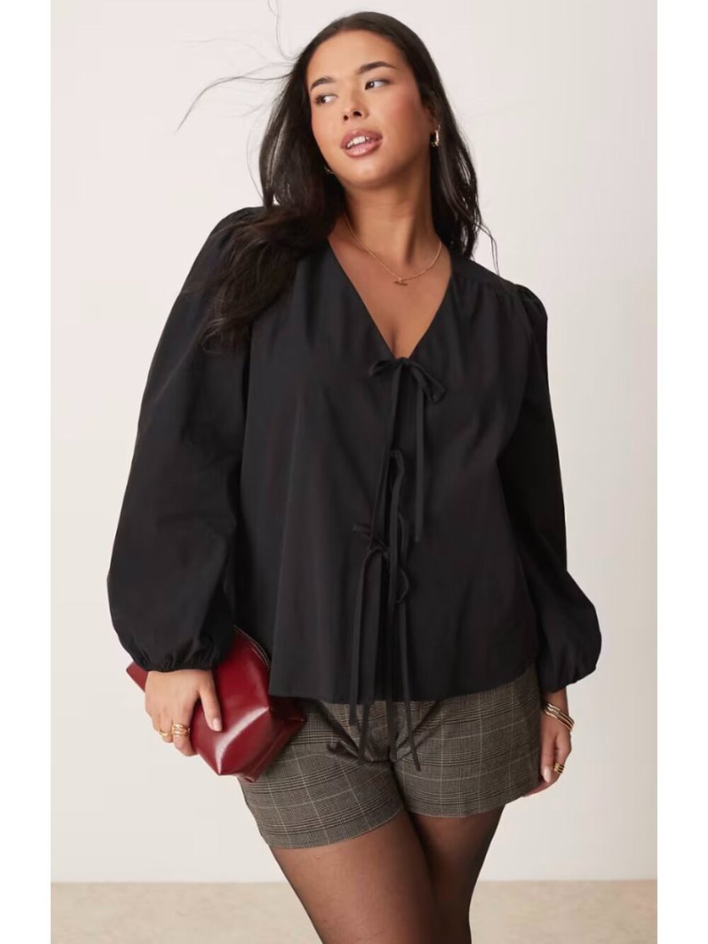 Modern Works Black Satin Double Tie Front Bow Blouse L NWT